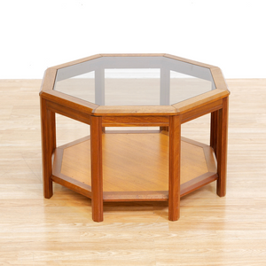 MID CENTURY TEAK & GLASS OCTAGONAL COFFEE SIDE TABLE