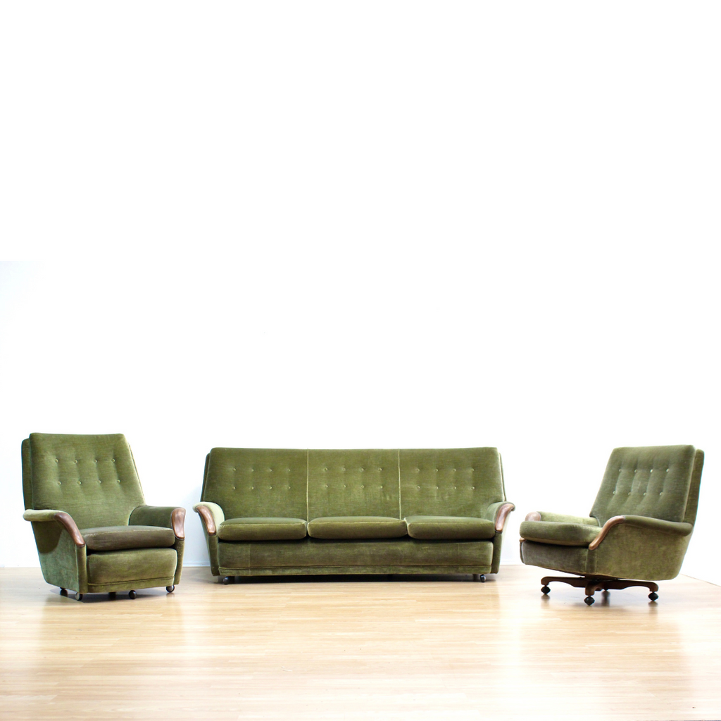 MID CENTURY GREEN VELVET SOFA & CHAIRS BY HEALS OF LONDON