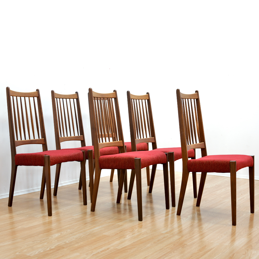 SET OF SIX DANISH MODERN DINING CHAIRS IN TEAK & RED