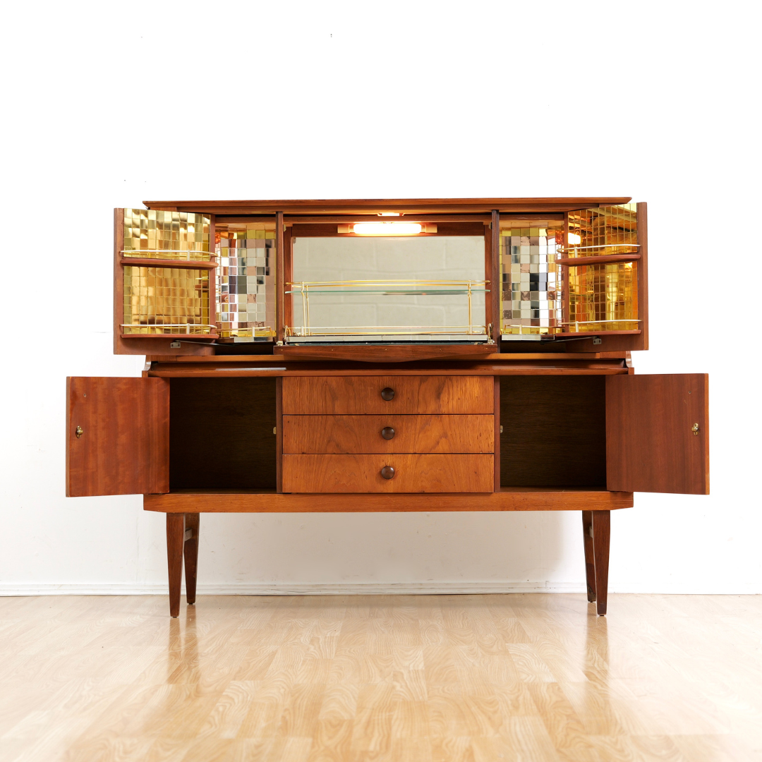 MID CENTURY TEAK BUFFET LIQUOR CABINET CREDENZA BY BEAUTILITY FURNITURE