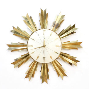 MID CENTURY BRASS SUNBURST WALL CLOCK