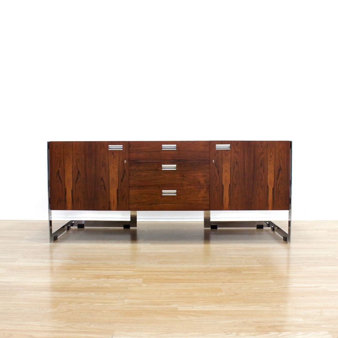 1970S POST MODERN ROSEWOOD & CHROME CREDENZA BY RICHARD YOUNG FOR MERROW ASSOCIATES