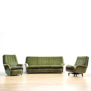 MID CENTURY GREEN DRAYLON SOFA & CHAIRS BY HEALS OF LONDON