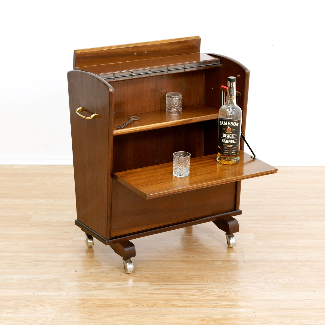 MID CENTURY ENCLOSED PORTABLE BAR CART ON WHEELS