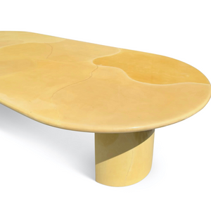 POSTMODERN 1980S KARL SPRINGER GOATSKIN CONFERENCE DINING TABLE OVAL KNIFE EDGE TOP DUAL DEMILUNE PEDESTAL BASE