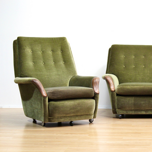 MID CENTURY GREEN VELVET SOFA & CHAIRS BY HEALS OF LONDON