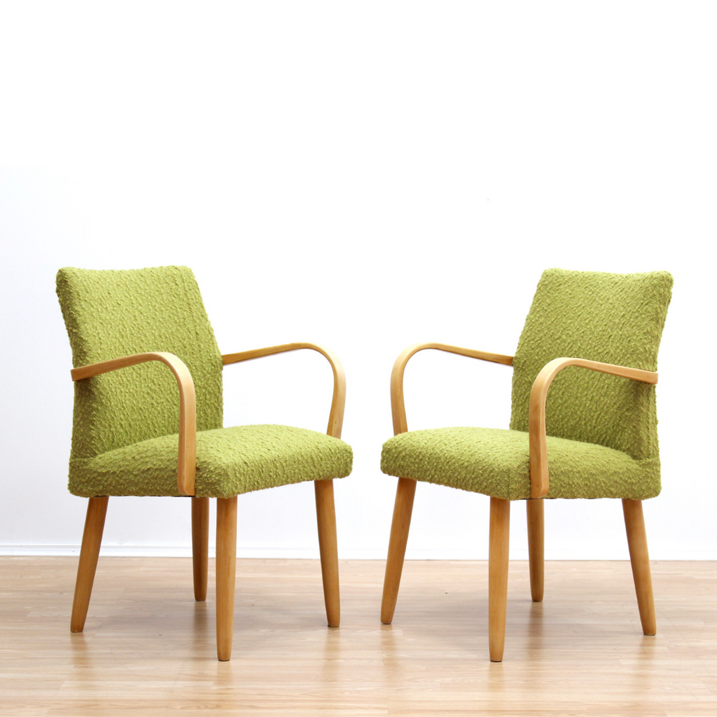 PAIR OF MID CENTURY 1950S BENT WOOD COCKTAIL LOUNGE CHAIRS IN GREEN TWEED