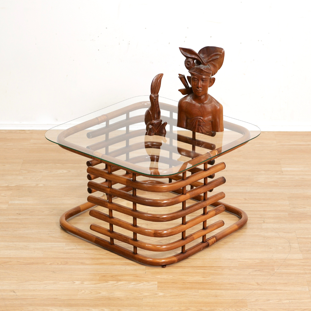 VINTAGE 1970S BENT BAMBOO RATTAN & GLASS COFFEE TABLE