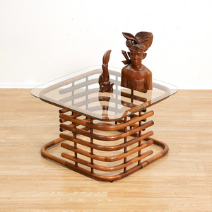 VINTAGE 1970S BENT BAMBOO RATTAN & GLASS COFFEE TABLE