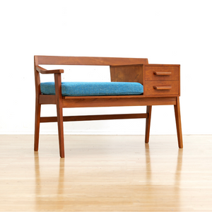 MID CENTURY ENTRYWAY BENCH IN TEAK & BLUE