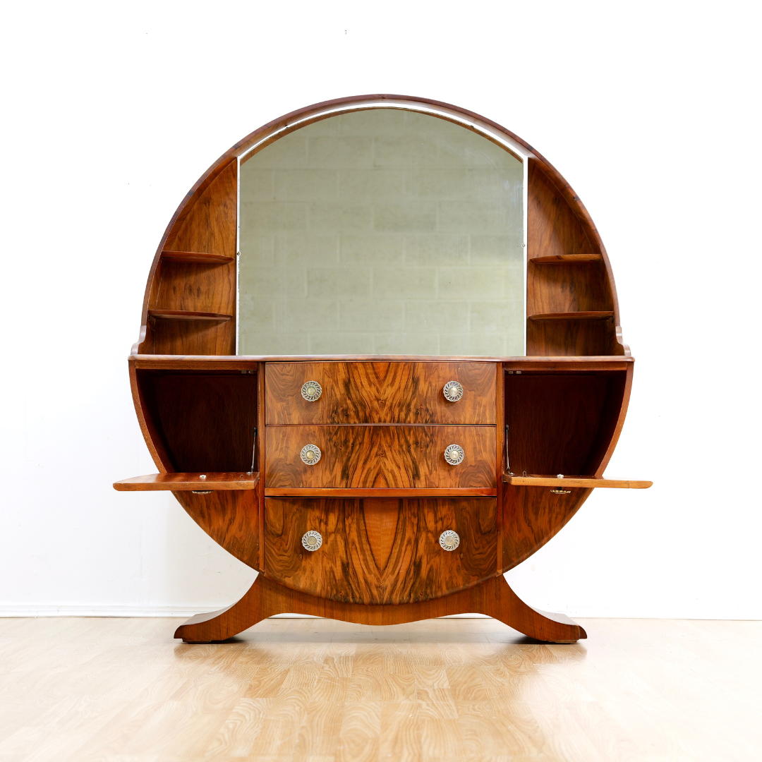 1960S ART DECO REVIVAL WALNUT VANITY DRESSER AND MIRROR