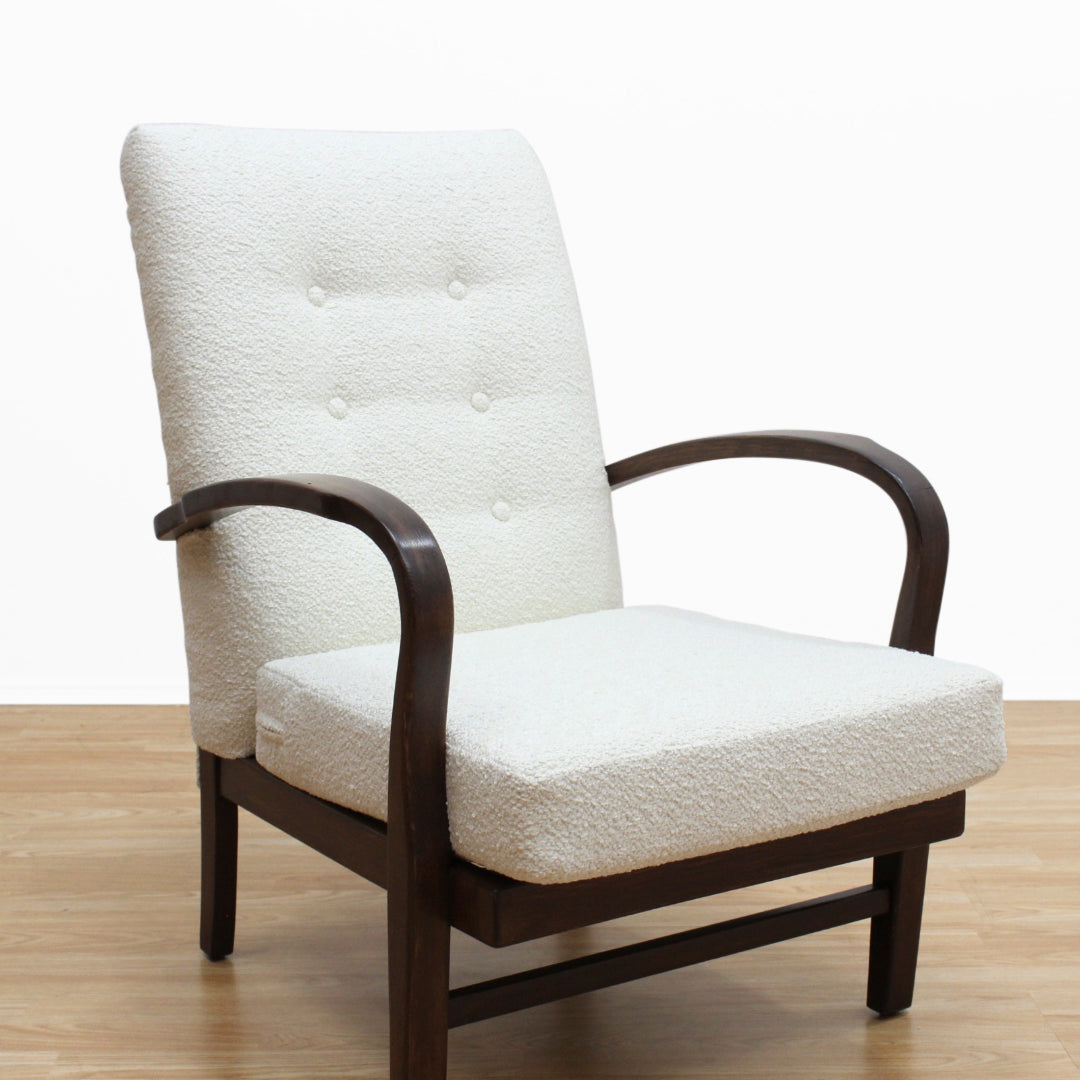 VINTAGE OAK 1940S BENTWOOD ARM CHAIR IN BOUCLE