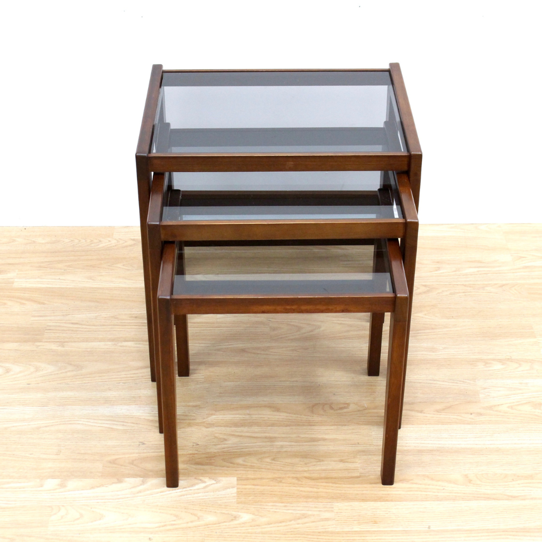 DANISH MODERN SMOKED GLASS NESTING SIDE TABLES