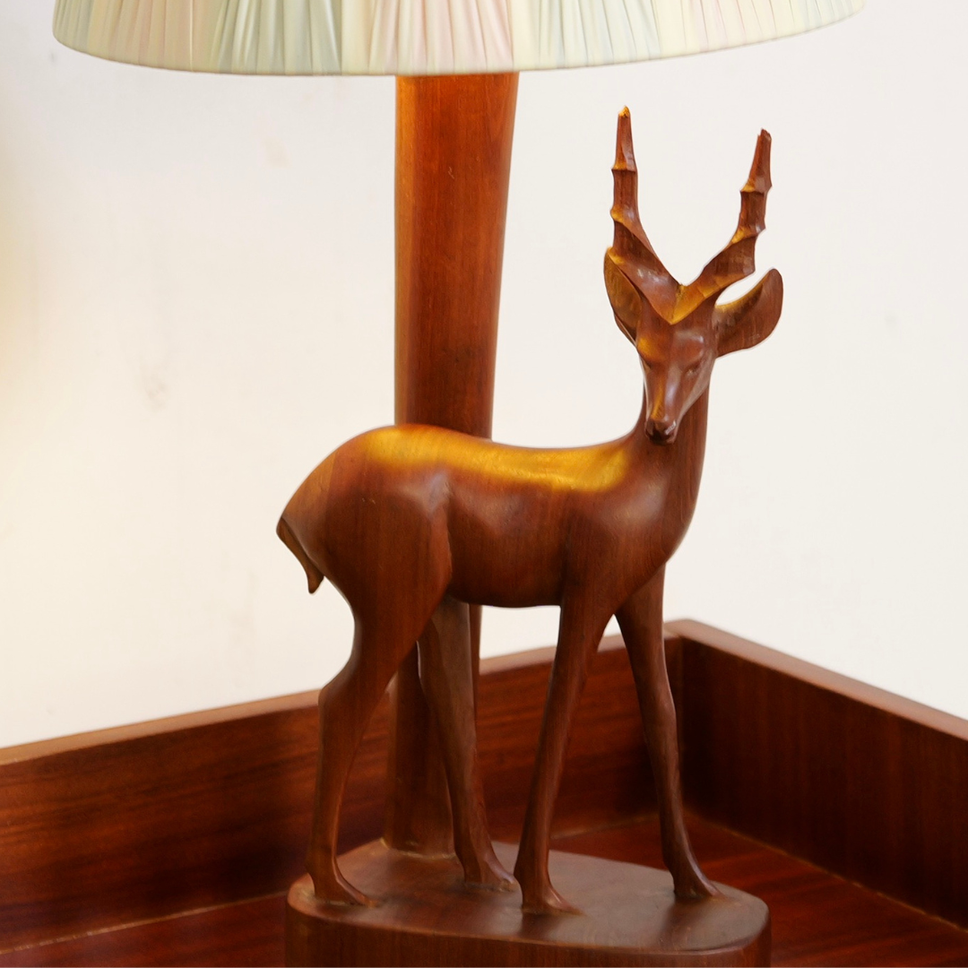 Hand Carved 1950s African Teak Antelope Lamp with Atomic Shade