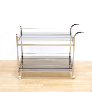 VINTAGE 1970S CHROME & SMOKED GLASS BAR CART BY MERROW ASSOCIATES