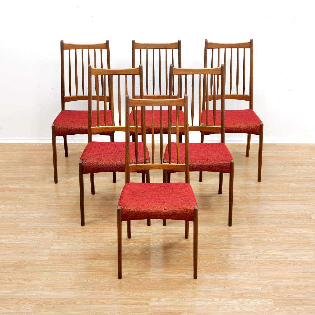 SET OF SIX DANISH MODERN DINING CHAIRS IN TEAK & RED