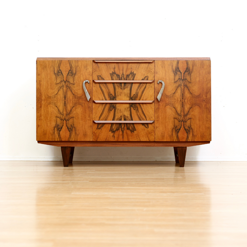 1930S ENGLISH ART DECO MATCHBOOK GRAIN BUFFET CREDENZA BY FARLOW