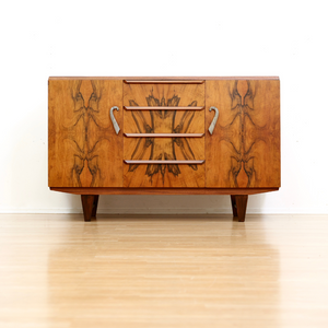 1930S ENGLISH ART DECO MATCHBOOK GRAIN BUFFET CREDENZA BY FARLOW