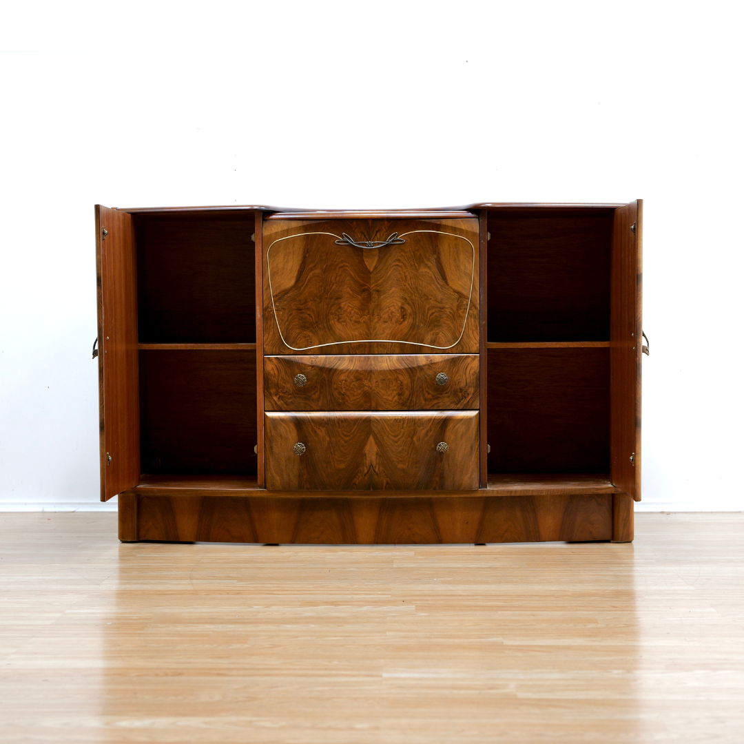 1950s WALNUT COCKTAIL CABINET CREDENZA BY BEAUTILITY FURNITURE