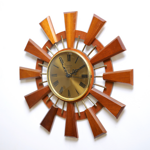 MID CENTURY TEAK SUNBURST WALL CLOCK BY EUROSTYLE