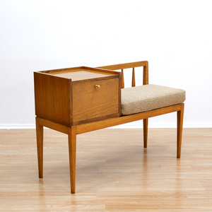 MID CENTURY ENTRYWAY BENCH IN OAK & BOUCLE