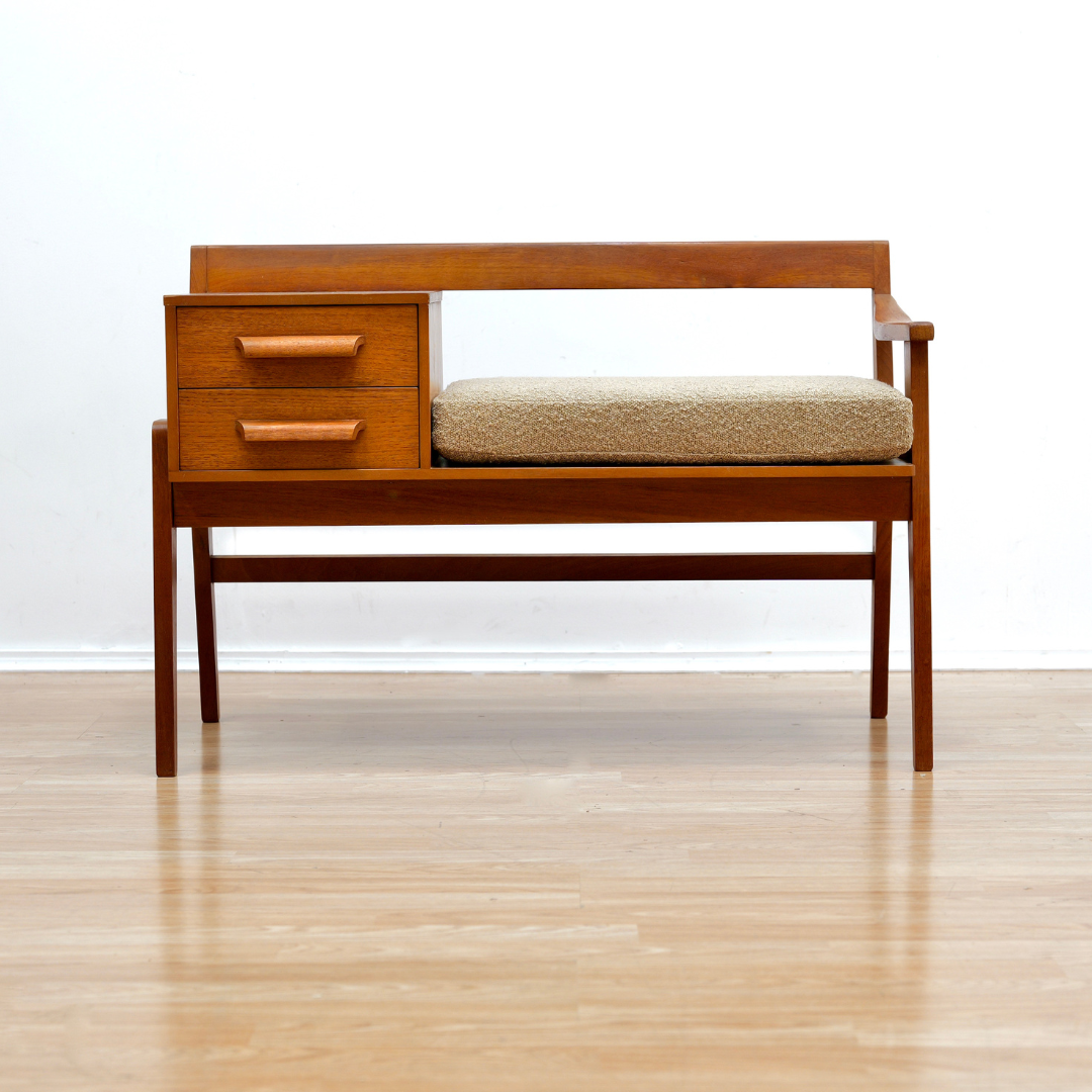 Reserved MID CENTURY ENTRYWAY BENCH IN TEAK & BOUCLE