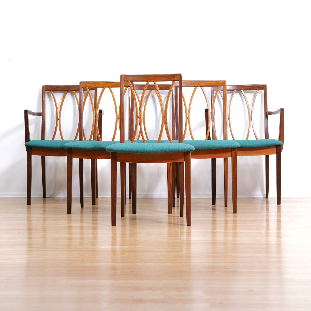 SET OF SIX MID CENTURY DINING CHAIRS BY G PLAN IN TEAL