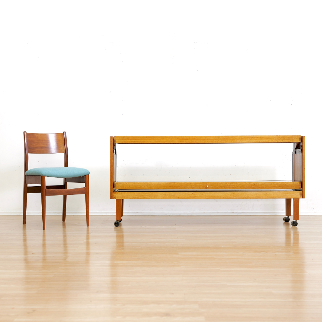 LARGE MID CENTURY MECHANICAL BAR CART FOLDING CONSOLE TABLE