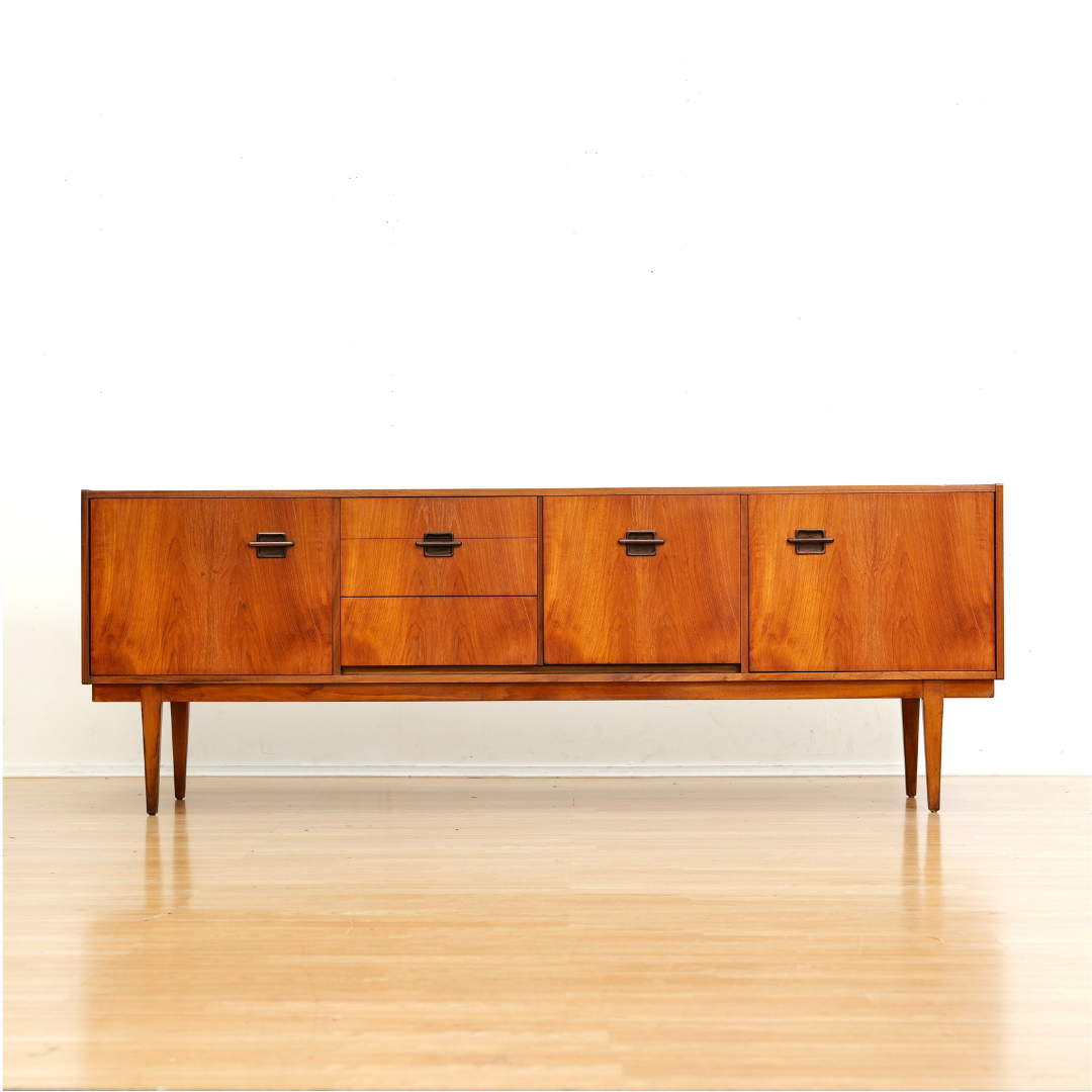 MID CENTURY TEAK CORINTHIAN CREDENZA BY NATHAN FURNITURE
