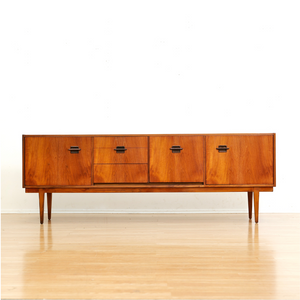 MID CENTURY TEAK CORINTHIAN CREDENZA BY NATHAN FURNITURE