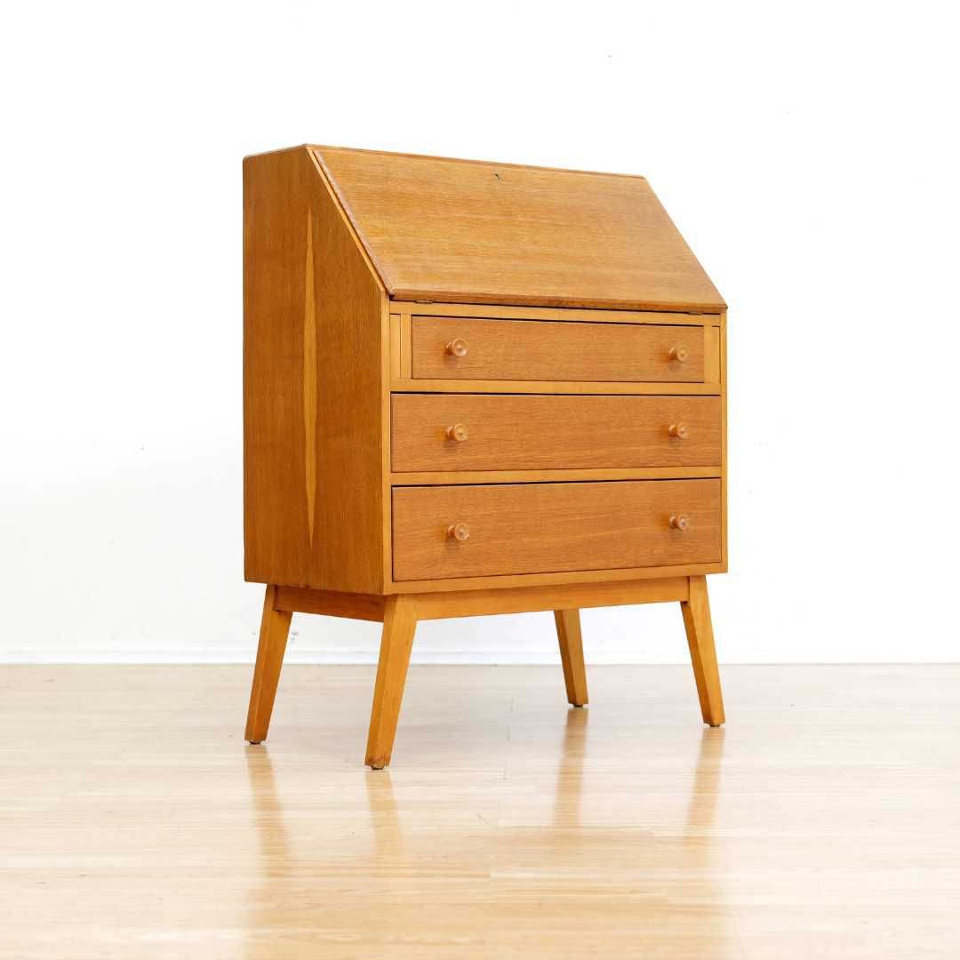 MID CENTURY OAK SECRETARY DESK BY FINELINE FURNITURE OF LONDON