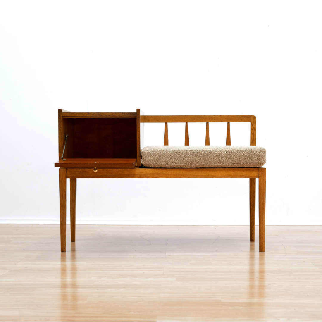 Mid Century Entryway Bench in Oak & Boucle
