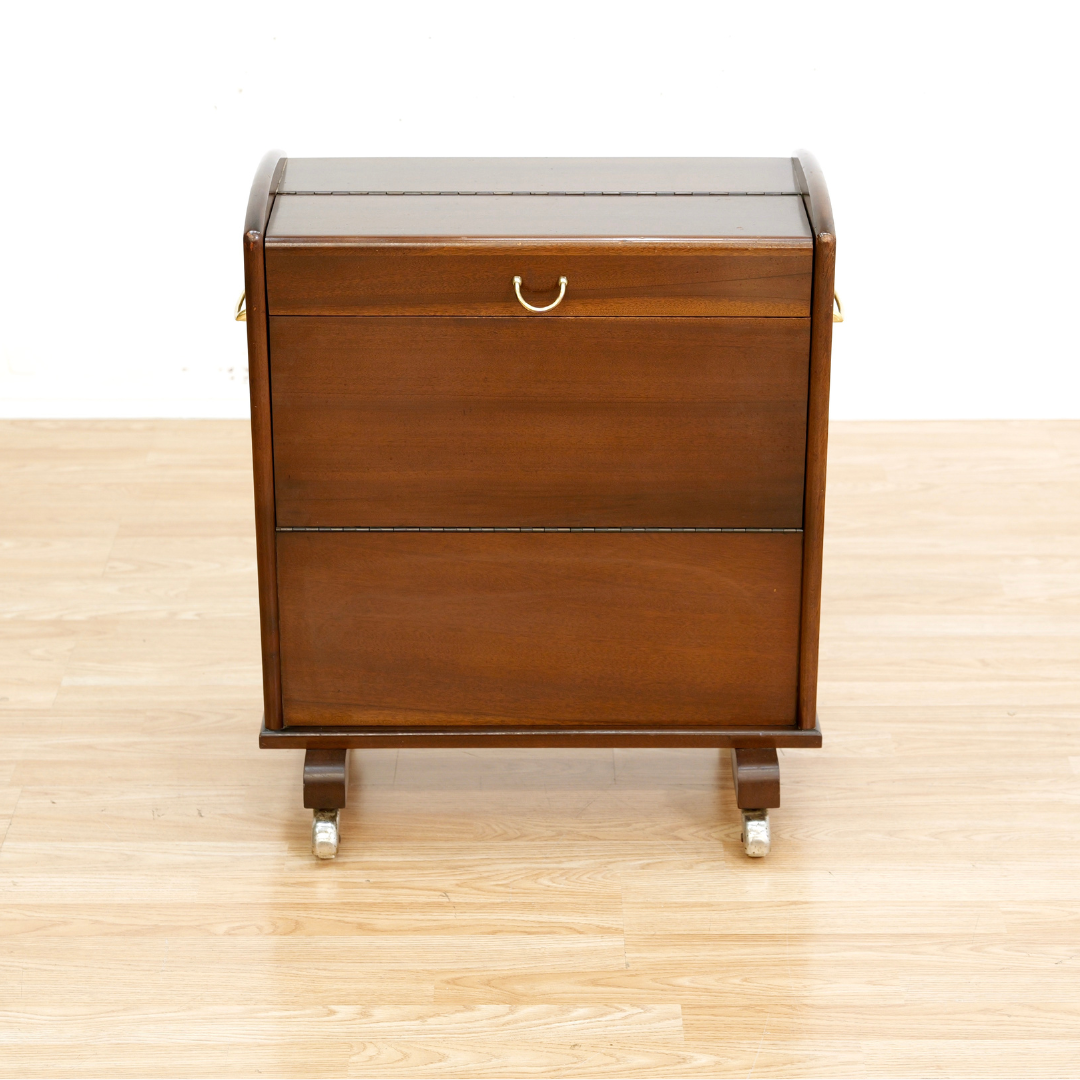 MID CENTURY ENCLOSED PORTABLE BAR CART ON WHEELS