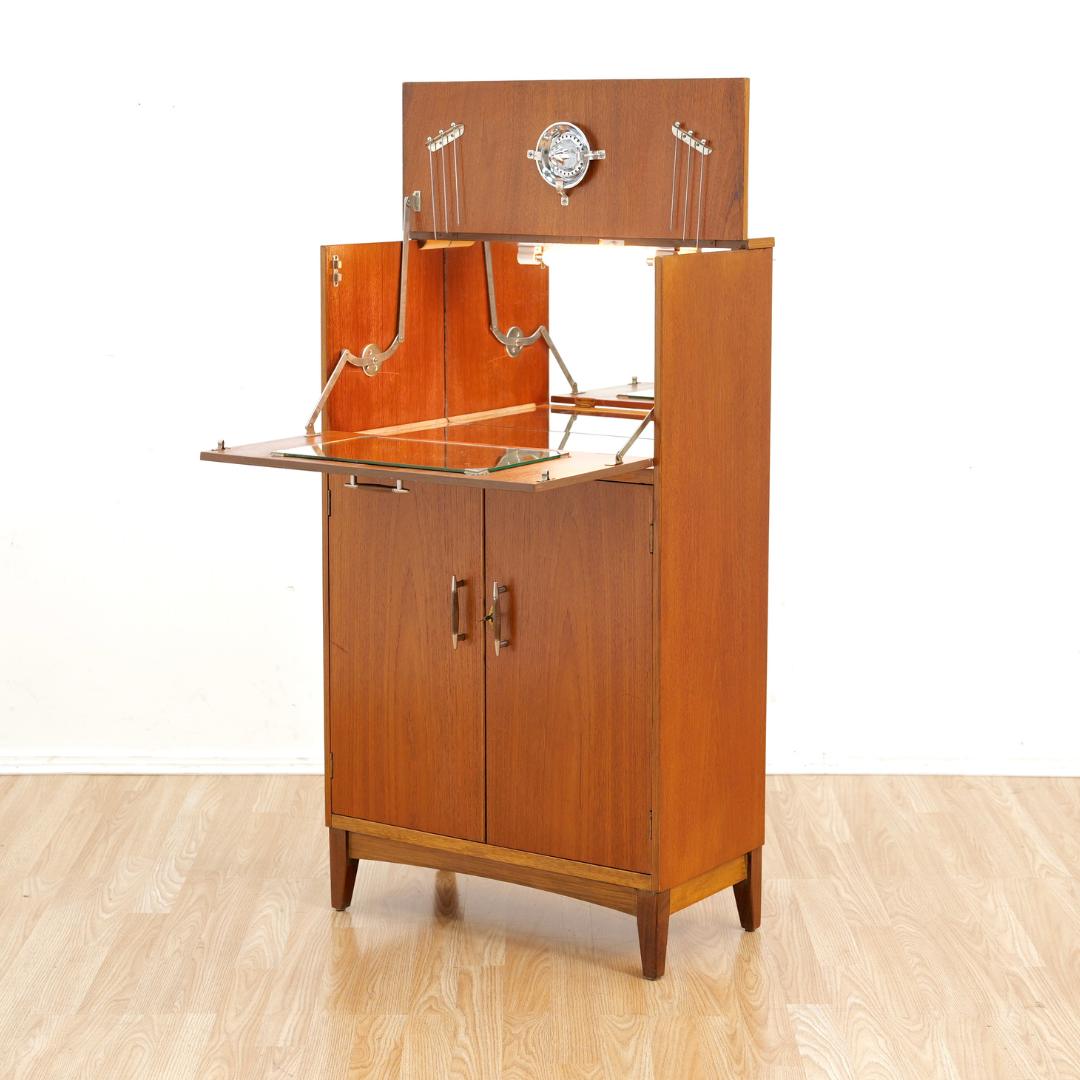 1960S TEAK ENGLISH DRY BAR LIQUOR CABINET
