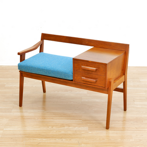 MID CENTURY ENTRYWAY BENCH IN TEAK & BLUE