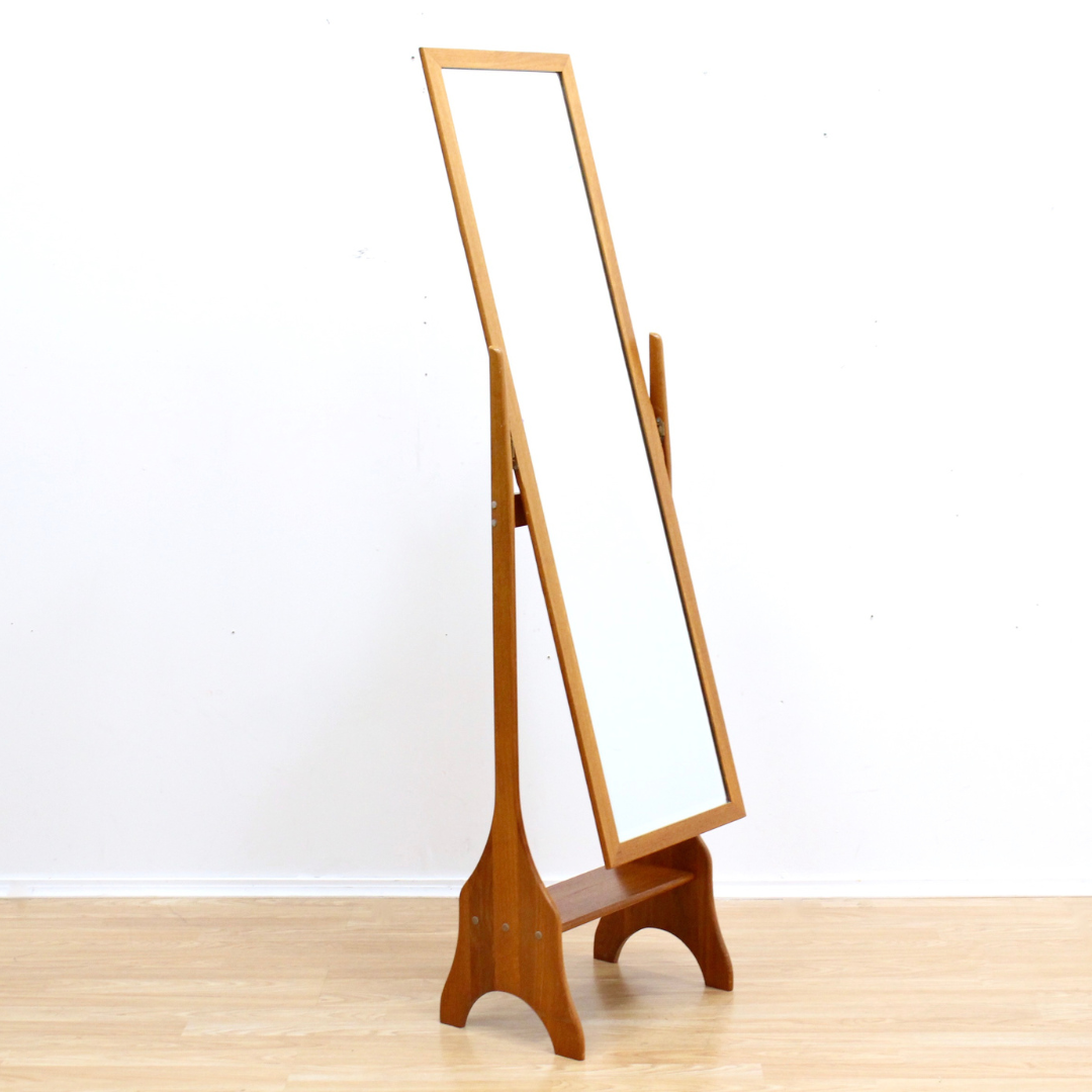 MID CENTURY FLOOR STANDING TEAK CHEVAL MIRROR