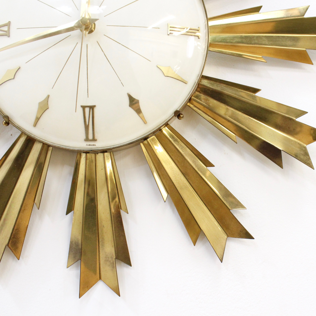 MID CENTURY BRASS SUNBURST WALL CLOCK