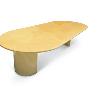 POSTMODERN 1980S KARL SPRINGER GOATSKIN CONFERENCE DINING TABLE OVAL KNIFE EDGE TOP DUAL DEMILUNE PEDESTAL BASE