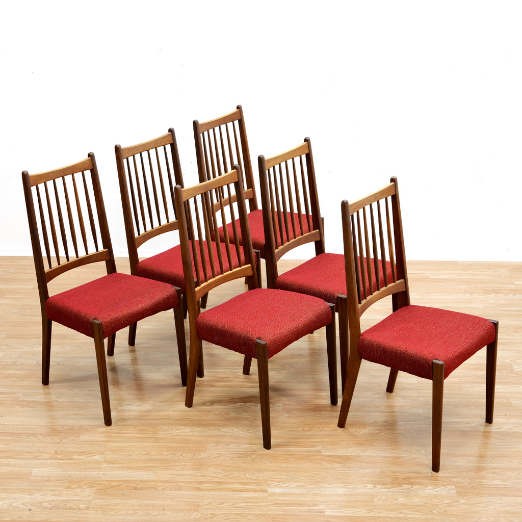 SET OF SIX DANISH MODERN DINING CHAIRS IN TEAK & RED