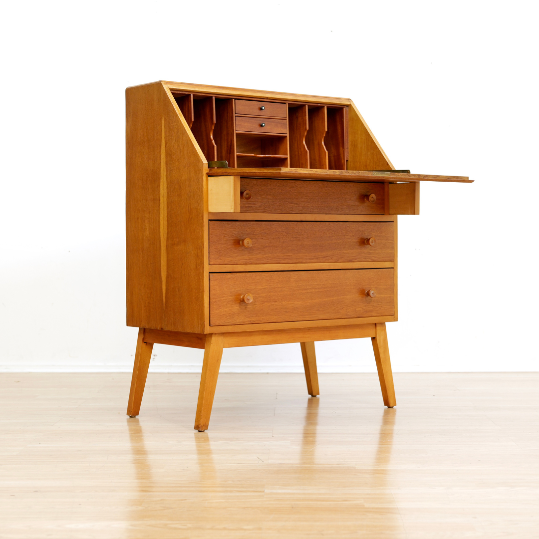 MID CENTURY OAK SECRETARY DESK BY FINELINE FURNITURE OF LONDON