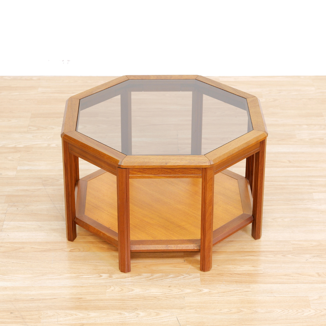 MID CENTURY TEAK & GLASS OCTAGONAL COFFEE SIDE TABLE