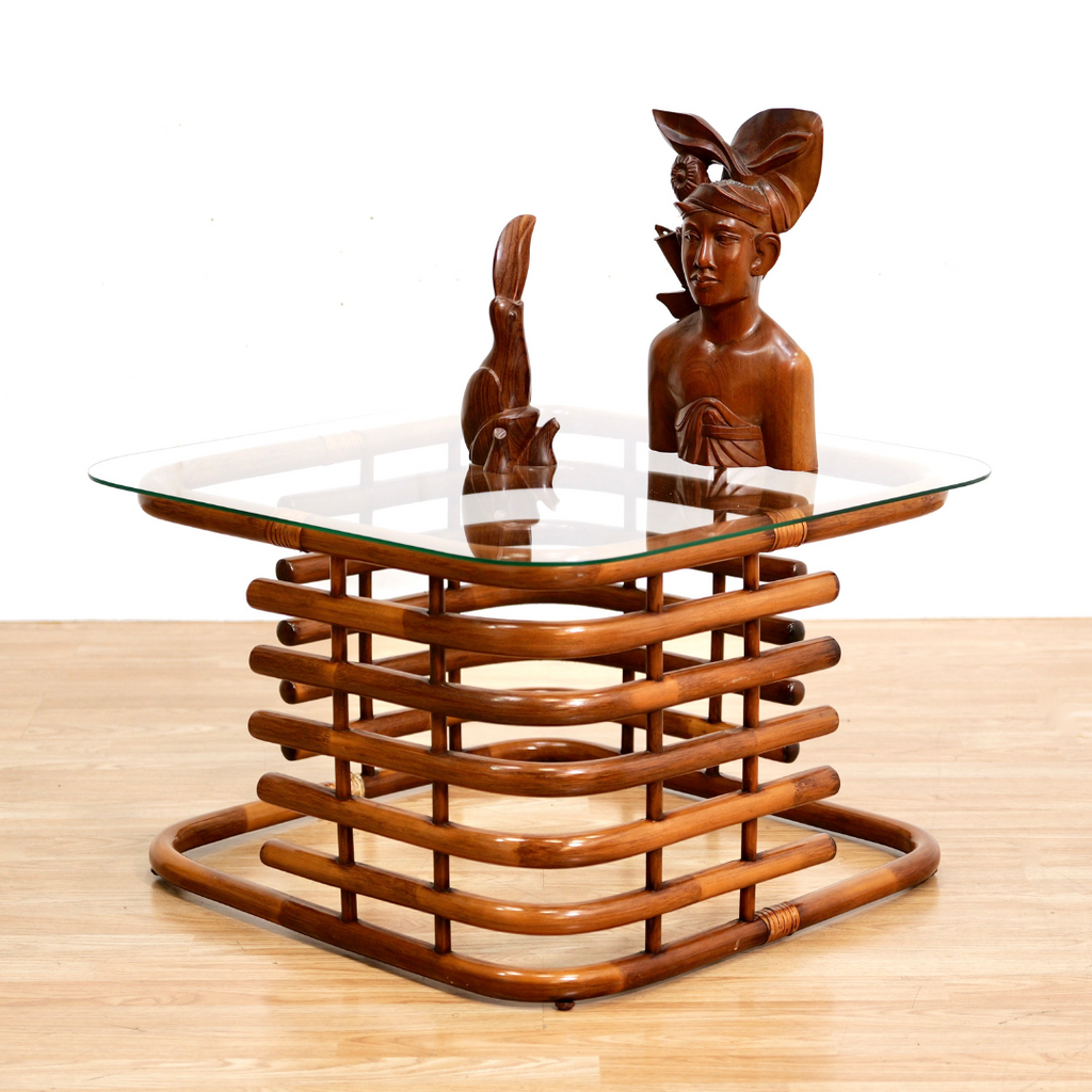 VINTAGE 1970S BENT BAMBOO RATTAN & GLASS COFFEE TABLE