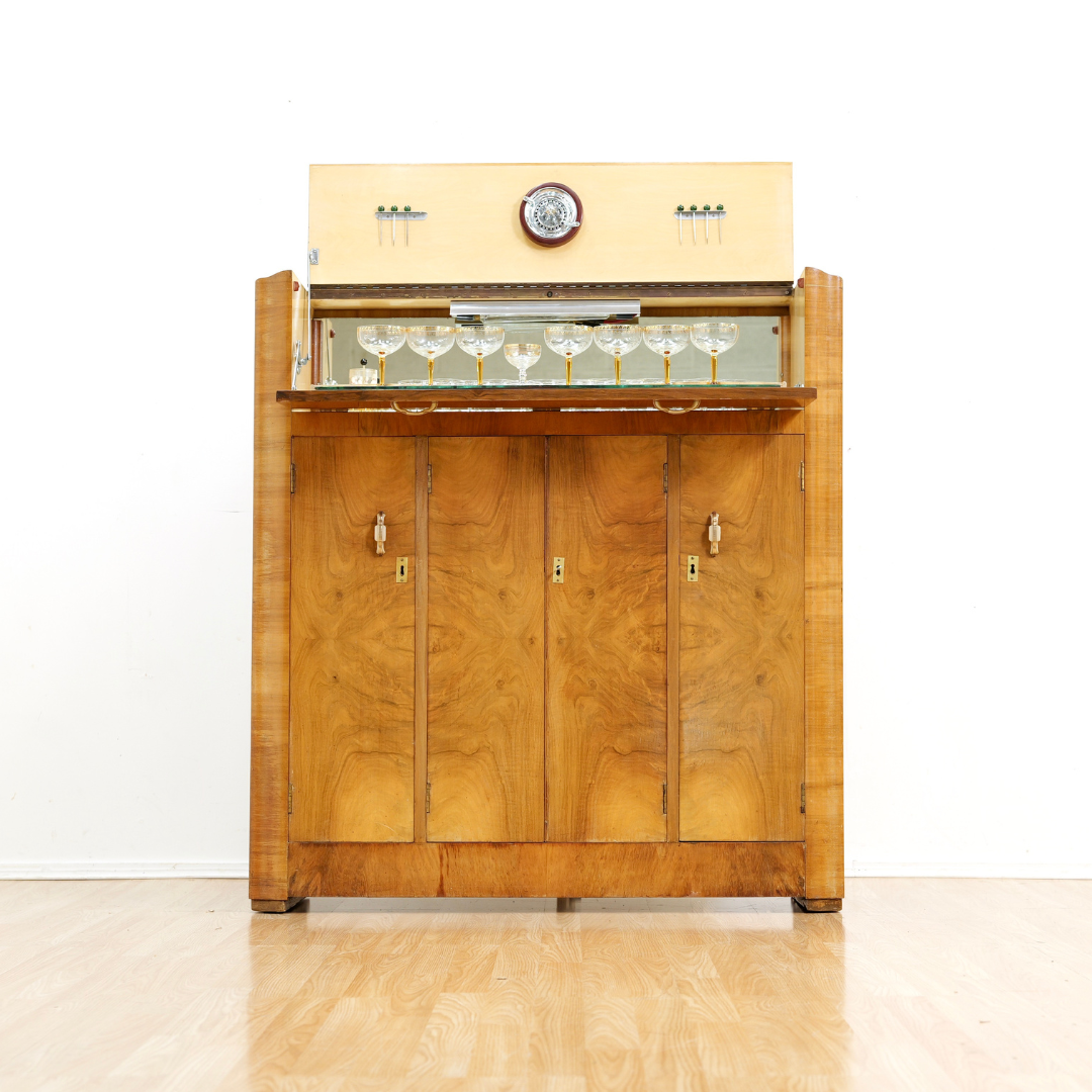 1930S ENGLISH ART DECO WALNUT BURL DRY BAR LIQUOR CABINET