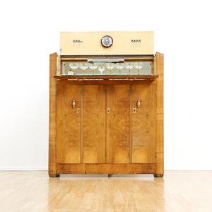 1930S ENGLISH ART DECO WALNUT BURL DRY BAR LIQUOR CABINET