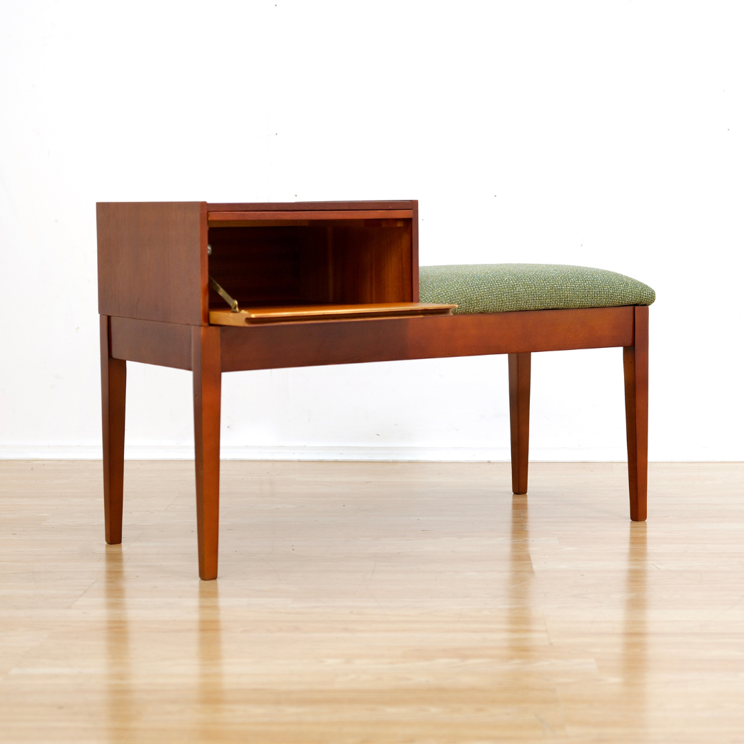 MID CENTURY ENTRYWAY IN TEAK & GREEN BENCH BY CHIPPY HEATH