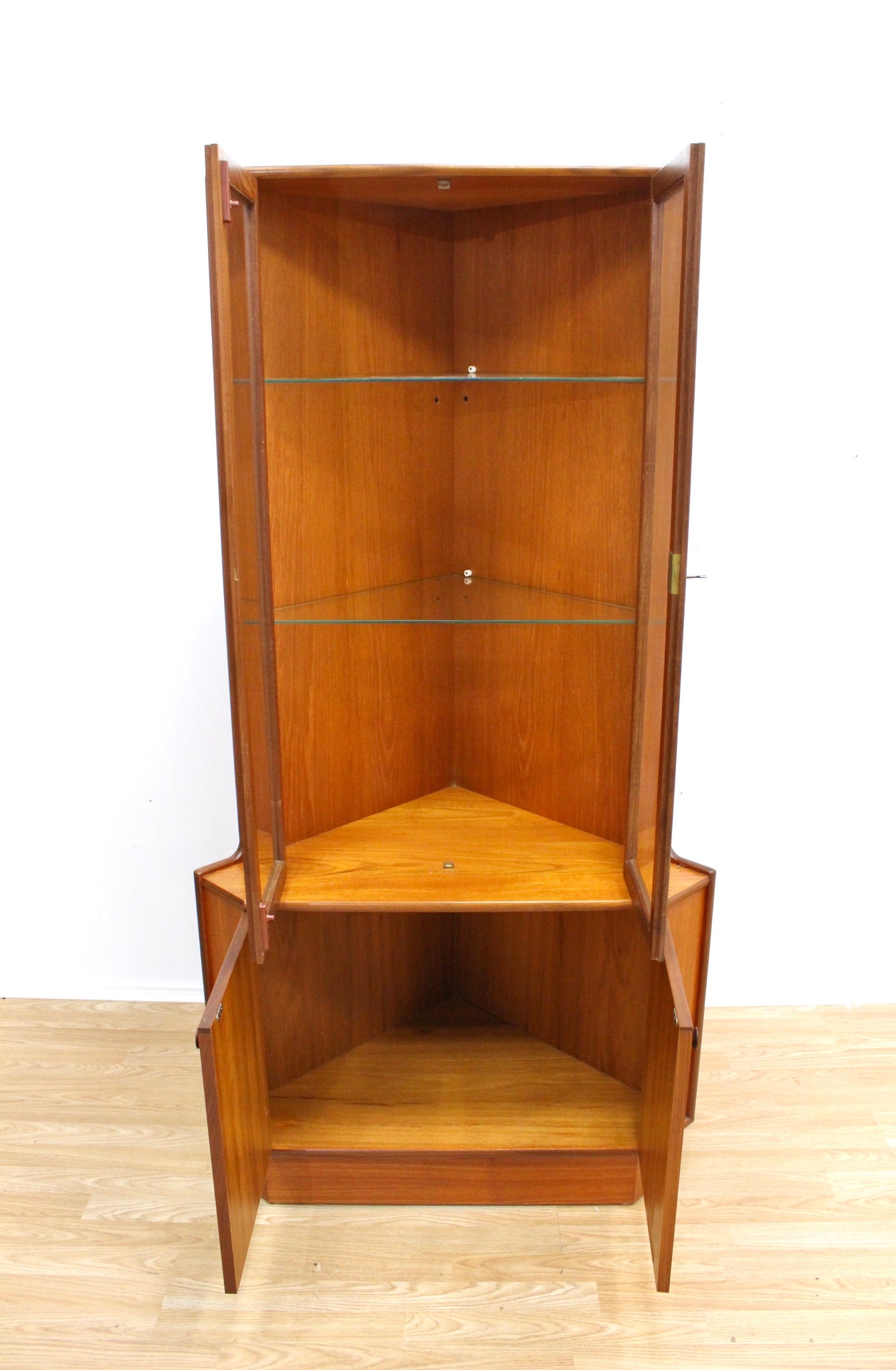 MID CENTURY CORNER CHINA CABINET BY TURNIDGE OF LONDON