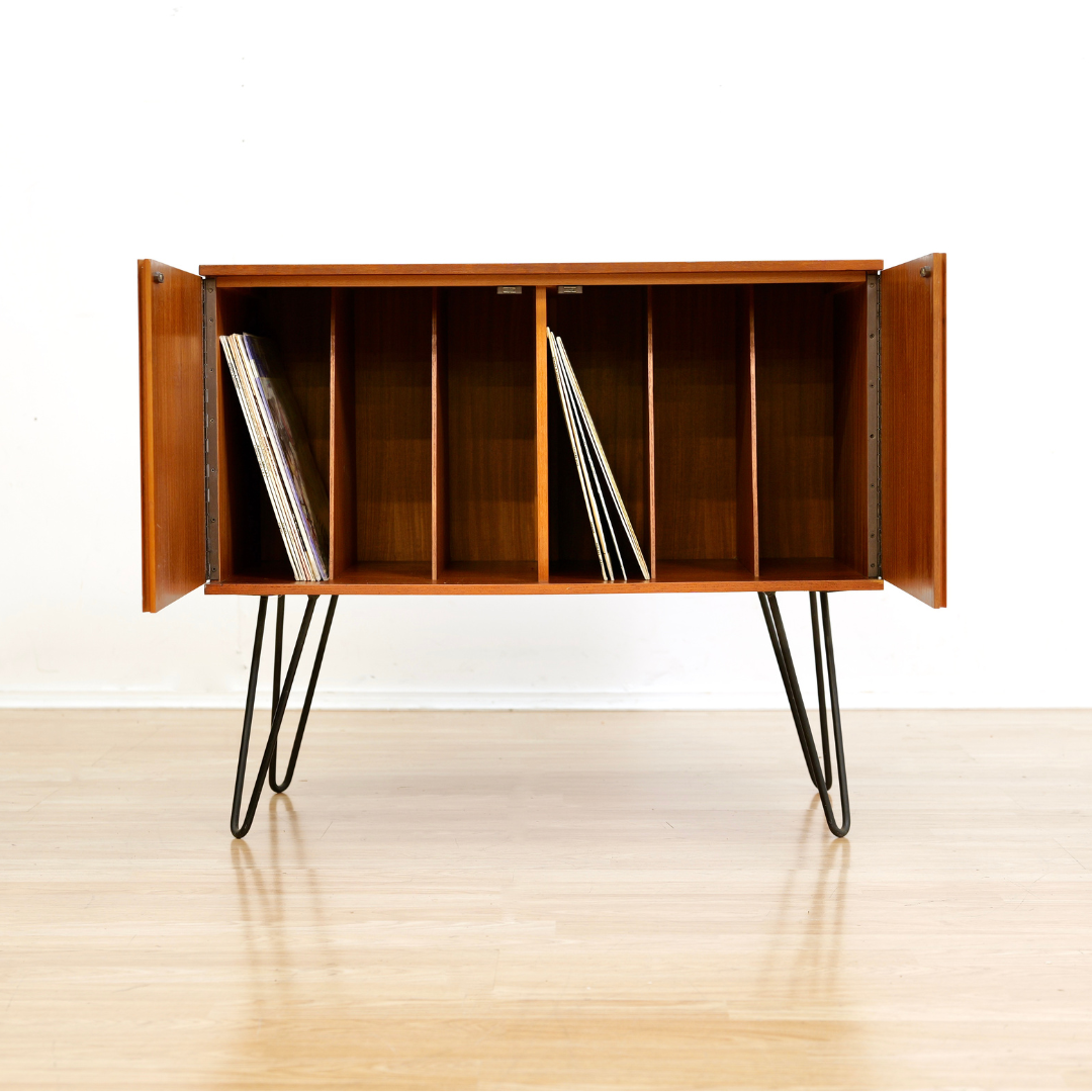 MID CENTURY TEAK VINYL RECORD STORAGE CABINET ON HAIRPIN LEGS