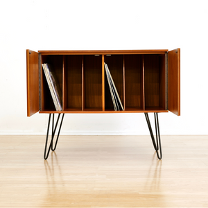 MID CENTURY TEAK VINYL RECORD STORAGE CABINET ON HAIRPIN LEGS