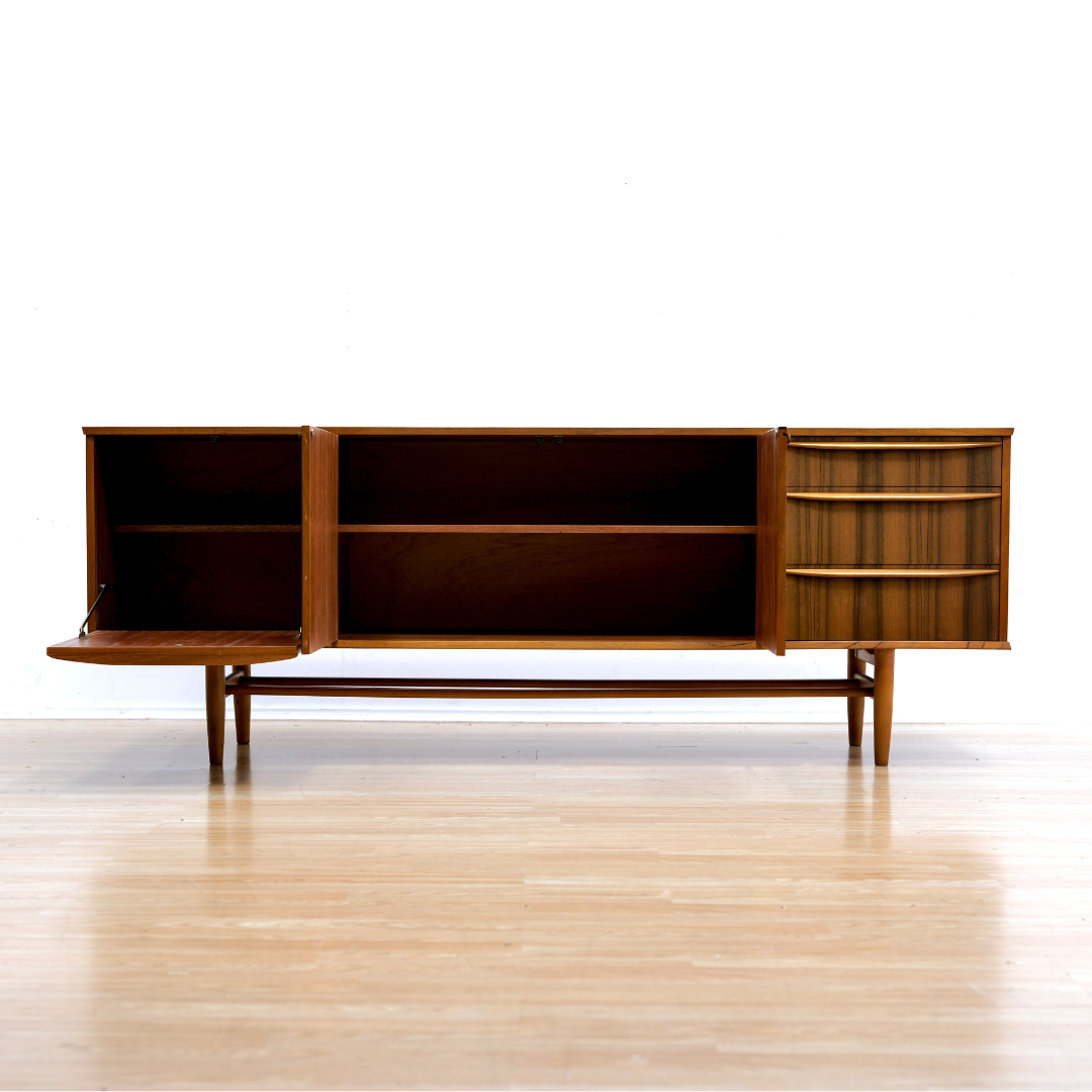 MID CENTURY LONG TEAK CREDENZA BY NEIL MORRIS FOR MORRIS OF GLASGOW