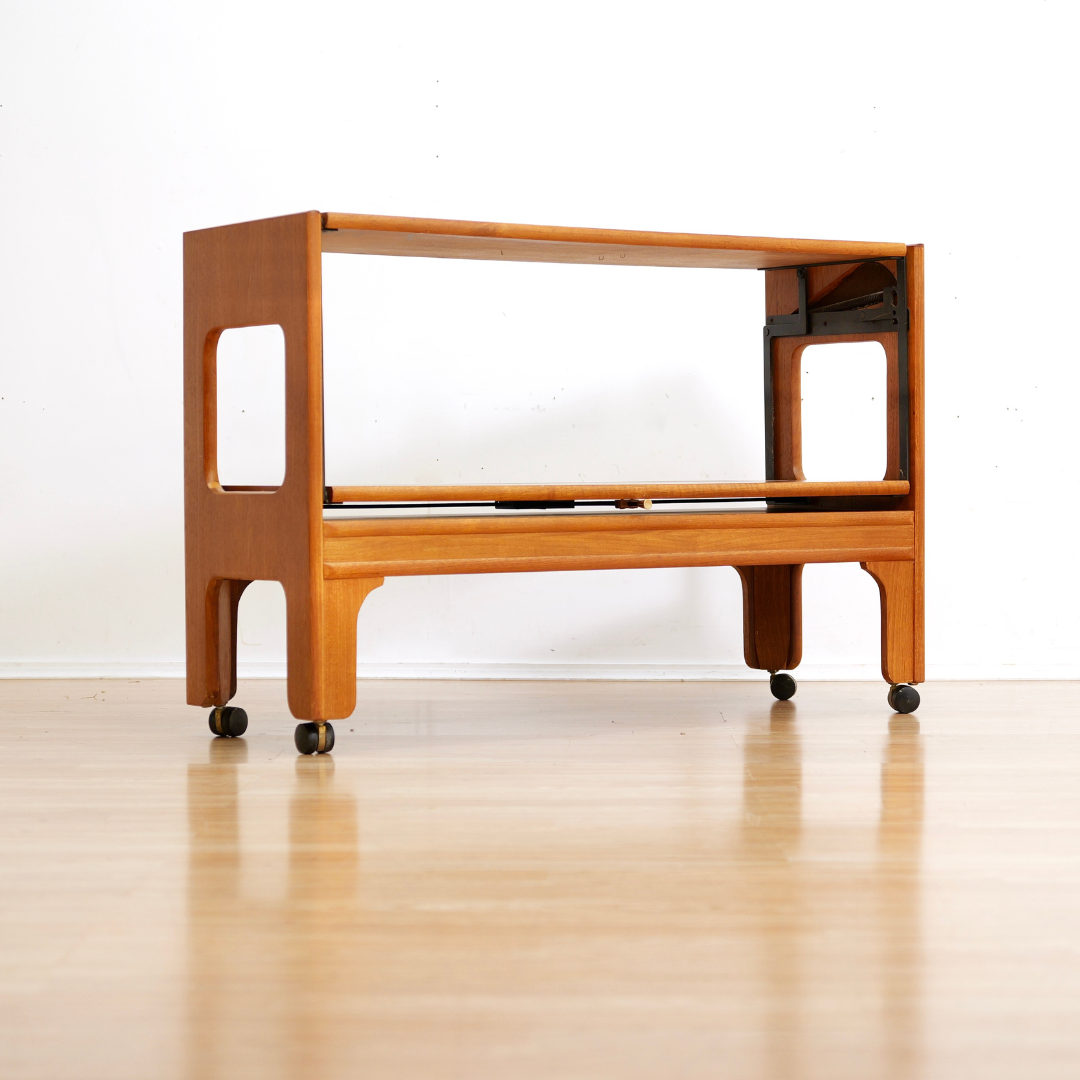 MID CENTURY MECHANICAL BAR CART FOLDING CONSOLE TABLE